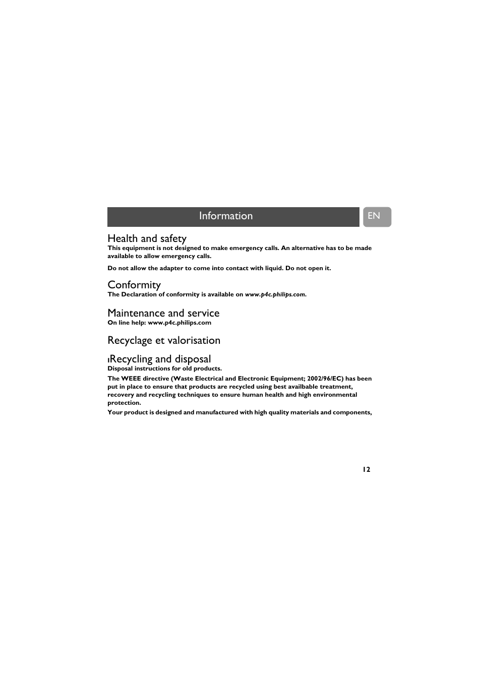 Information, 12 information, Health and safety | Conformity, Maintenance and service, Recyclage et valorisation, Recycling and disposal | Philips VOIP021 User Manual | Page 13 / 72