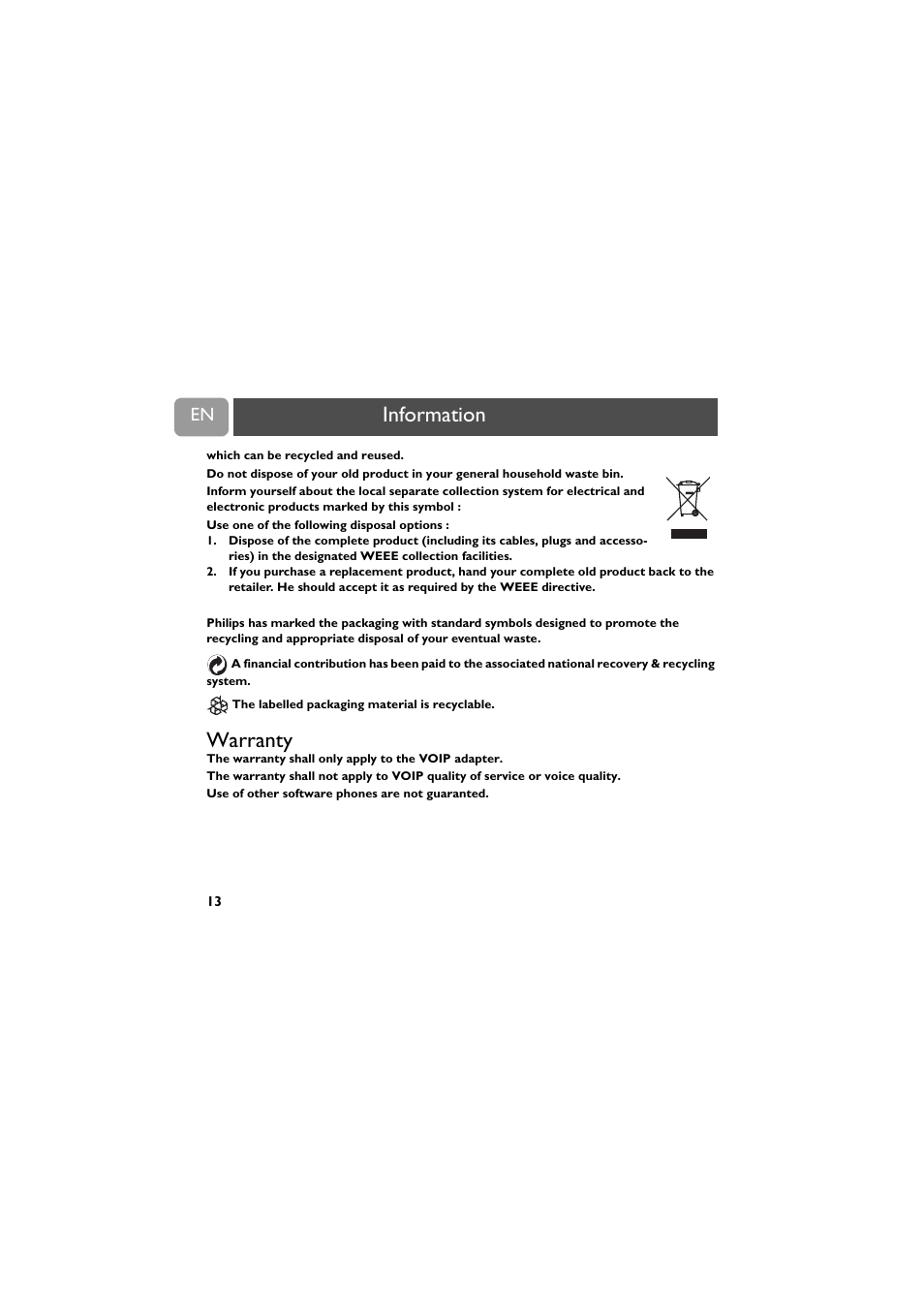 Warranty, Information | Philips VOIP021 User Manual | Page 14 / 72