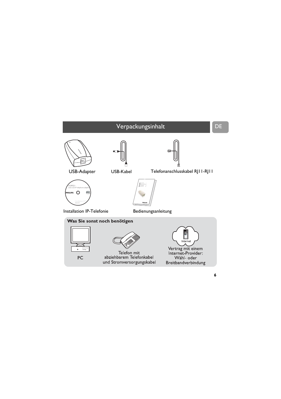 Verpackungsinhalt, Usb-adapter, Usb-kabel | Installation ip-telefonie, En de fr se | Philips VOIP021 User Manual | Page 19 / 72