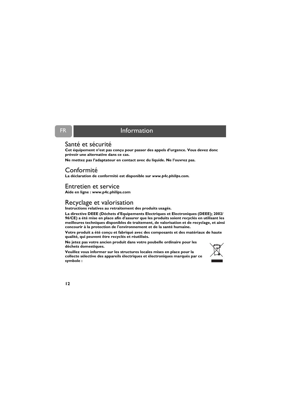 Information, Santé et sécurité, Conformité | Entretien et service, Recyclage et valorisation | Philips VOIP021 User Manual | Page 39 / 72