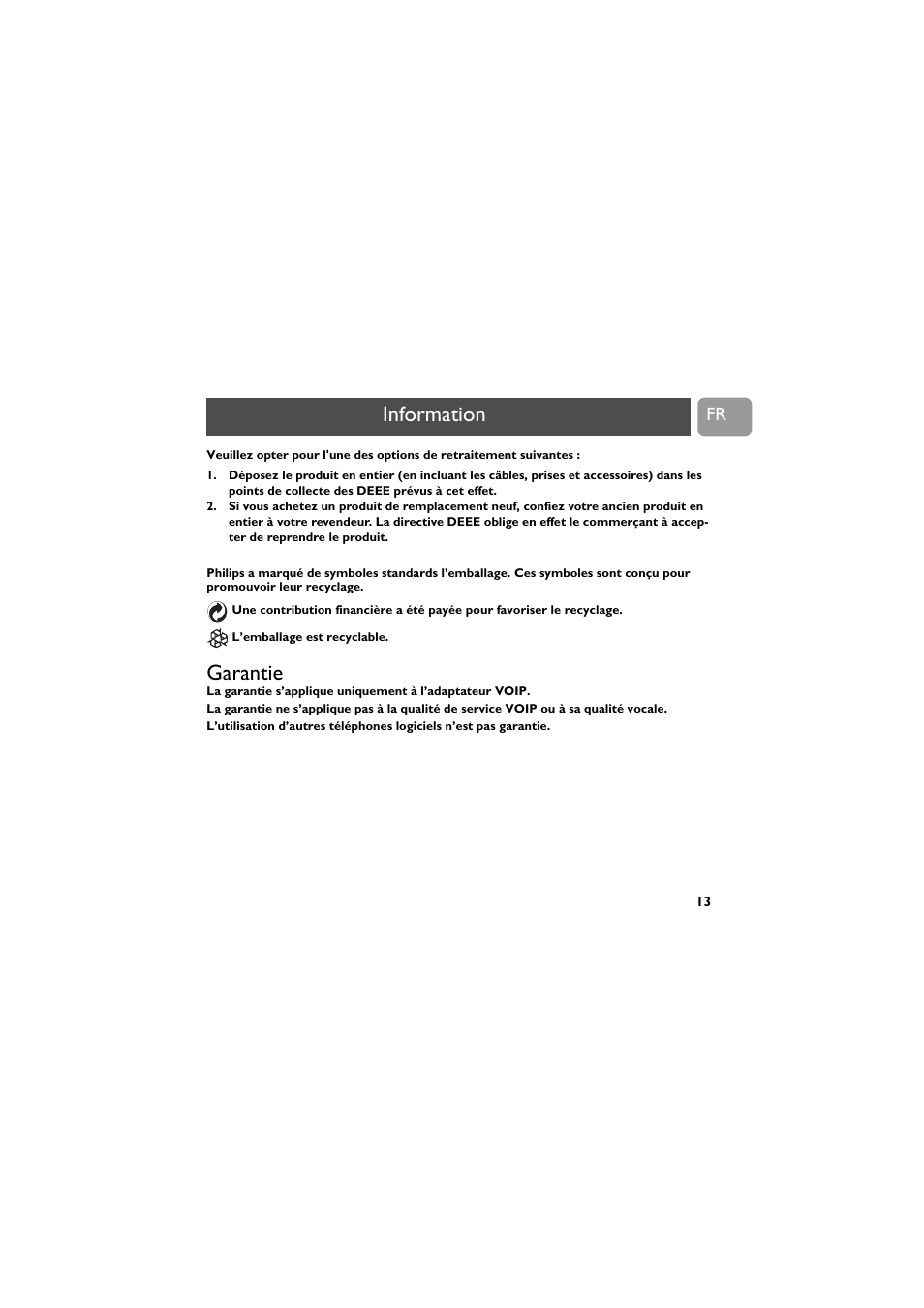 Garantie, Information | Philips VOIP021 User Manual | Page 40 / 72