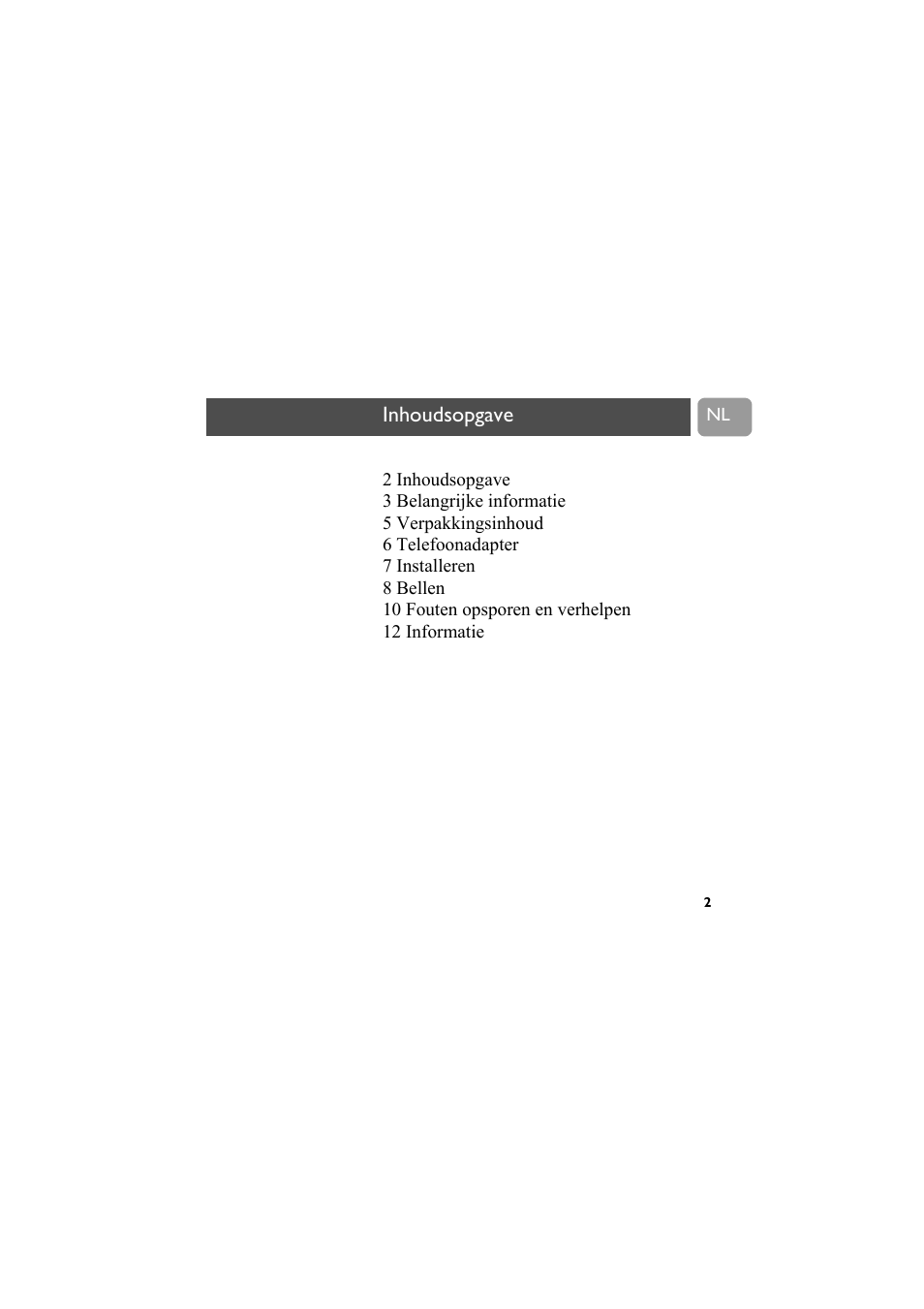 Nederlands, Inhoudsopgave, Handleiding | Philips VOIP021 User Manual | Page 41 / 72