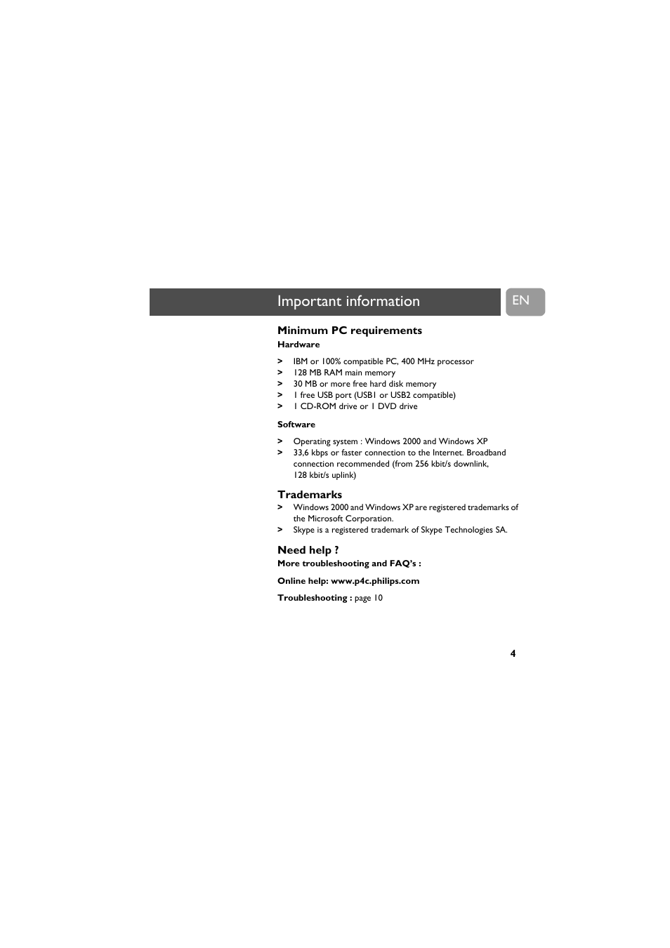 Important information | Philips VOIP021 User Manual | Page 5 / 72