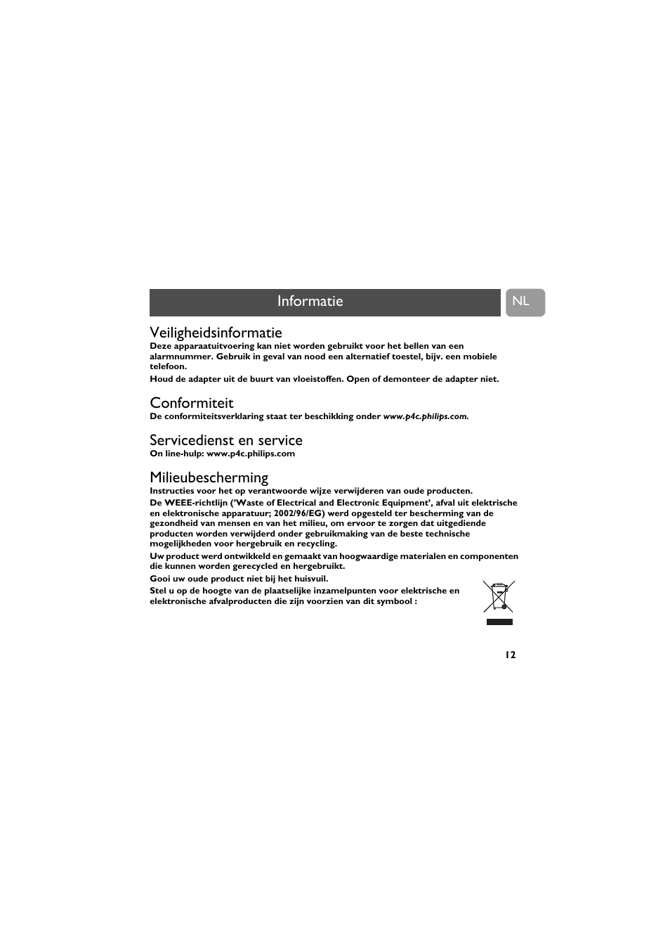 Informatie, Veiligheidsinformatie, Conformiteit | Servicedienst en service, Milieubescherming | Philips VOIP021 User Manual | Page 51 / 72