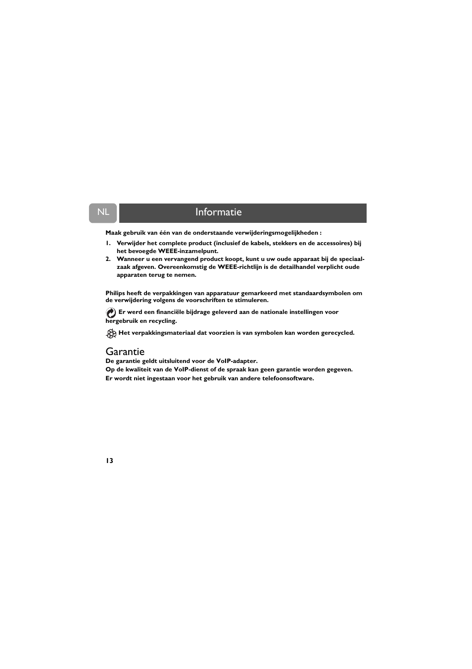 Garantie, Informatie | Philips VOIP021 User Manual | Page 52 / 72