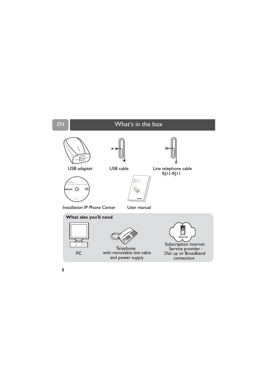 What's in the box, 5 what’s in the box, What’s in the box | Usb adapter, Usb cable line telephone cable rj11-rj11, Installation ip phone center, User manual, En de fr se | Philips VOIP021 User Manual | Page 6 / 72