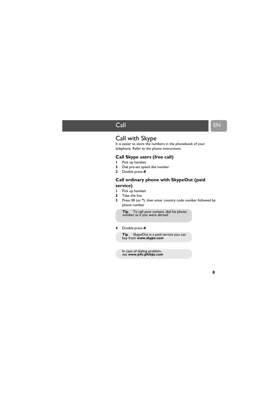 Call, 8 call, Call with skype | Philips VOIP021 User Manual | Page 9 / 72