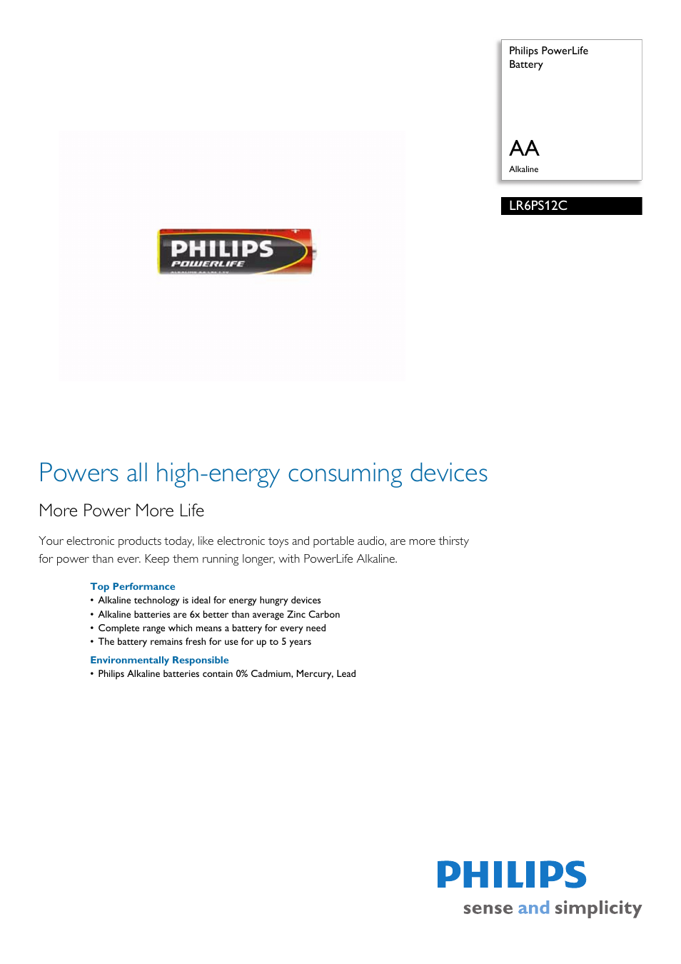 Philips Power Life LR6PS12C User Manual | 2 pages