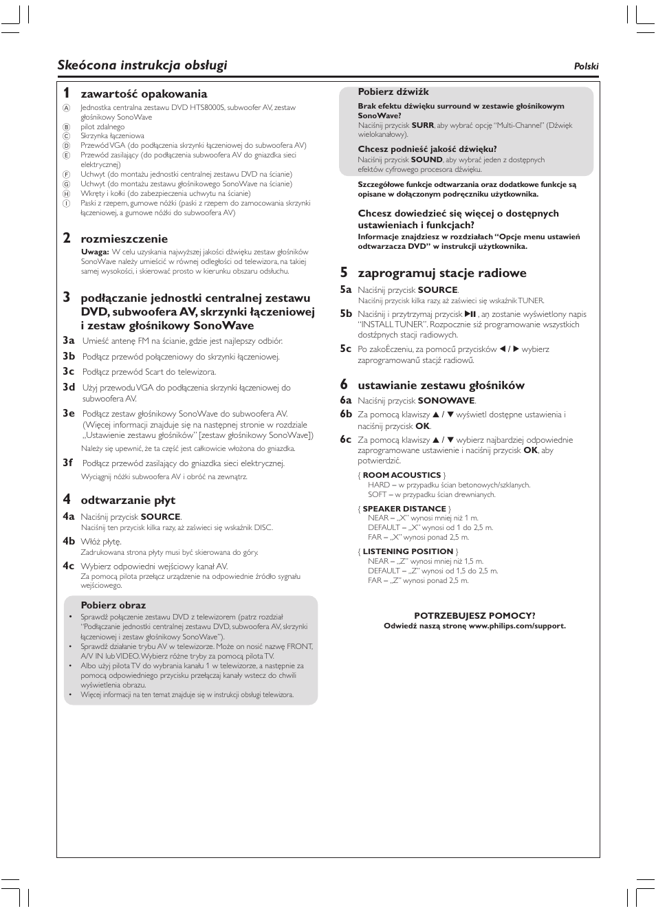 Skeócona instrukcja obsługi, Zaprogramuj stacje radiowe, Zawartość opakowania | Rozmieszczenie, Odtwarzanie płyt, Ustawianie zestawu głośników | Philips HTS8010S/01 User Manual | Page 13 / 16