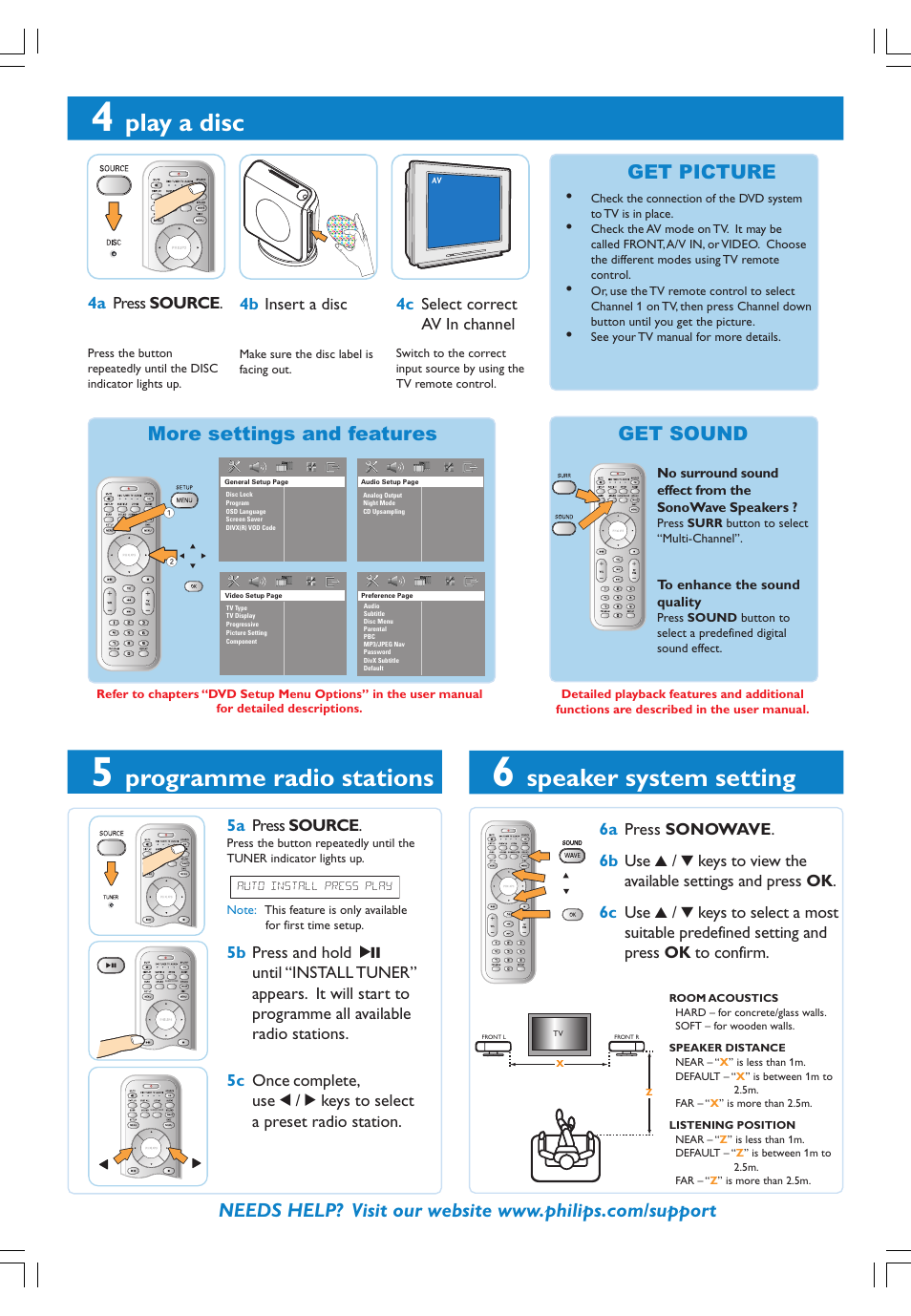 Play a disc, Programme radio stations, Speaker system setting | Get picture, More settings and features get sound | Philips HTS8010S/01 User Manual | Page 2 / 16