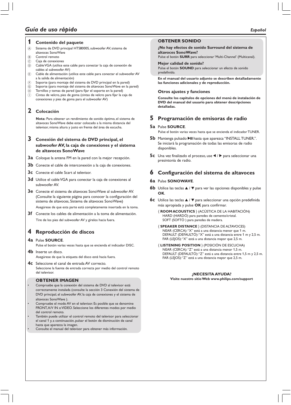 Guía de uso rápido, Reproducción de discos, Programación de emisoras de radio | Configuración del sistema de altavoces | Philips HTS8010S/01 User Manual | Page 4 / 16