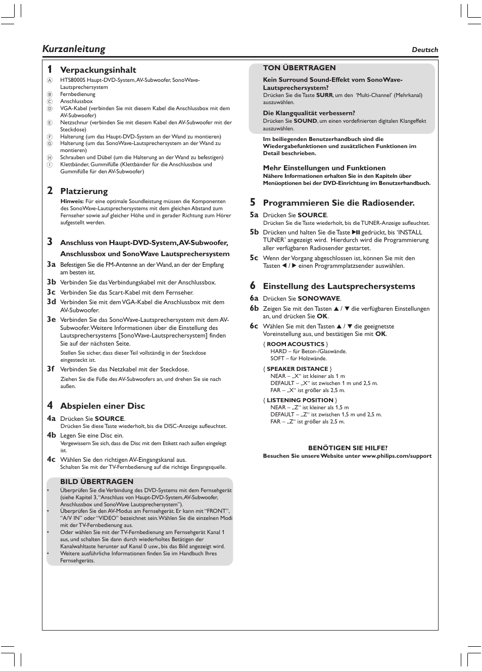 Kurzanleitung, Verpackungsinhalt, Platzierung | Abspielen einer disc, Programmieren sie die radiosender, Einstellung des lautsprechersystems | Philips HTS8010S/01 User Manual | Page 5 / 16