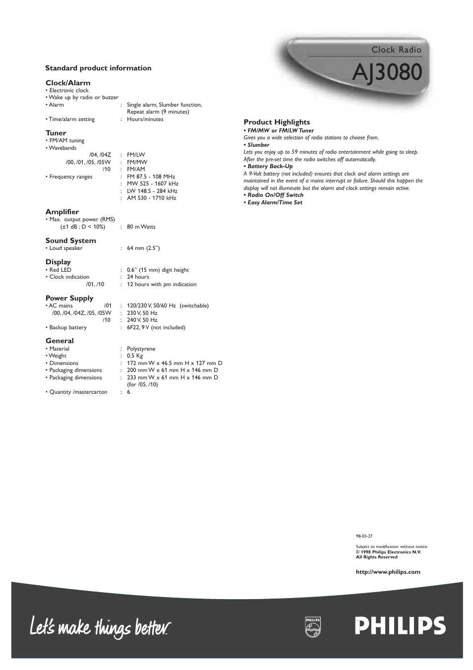 Philips, Aj3080 | Philips AJ3080 User Manual | Page 2 / 2