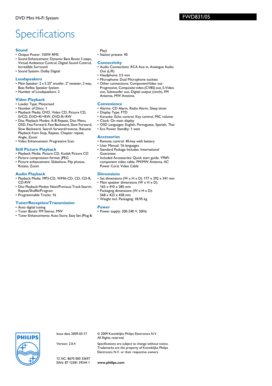 Specifications | Philips 643-035 User Manual | Page 3 / 3