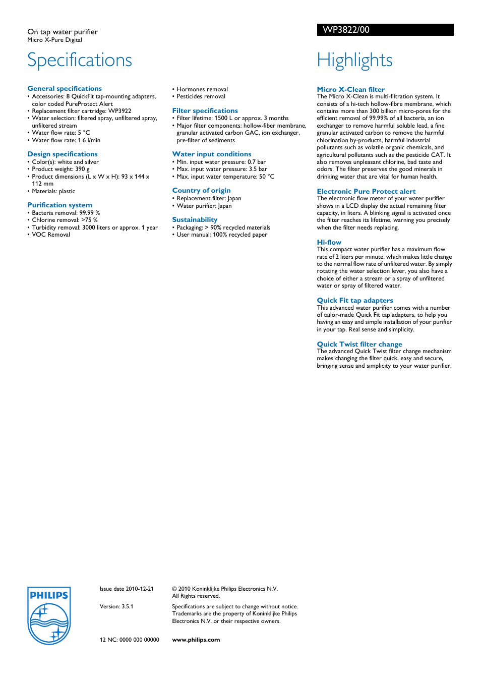 Specifications, Highlights | Philips WP3822 User Manual | Page 2 / 2