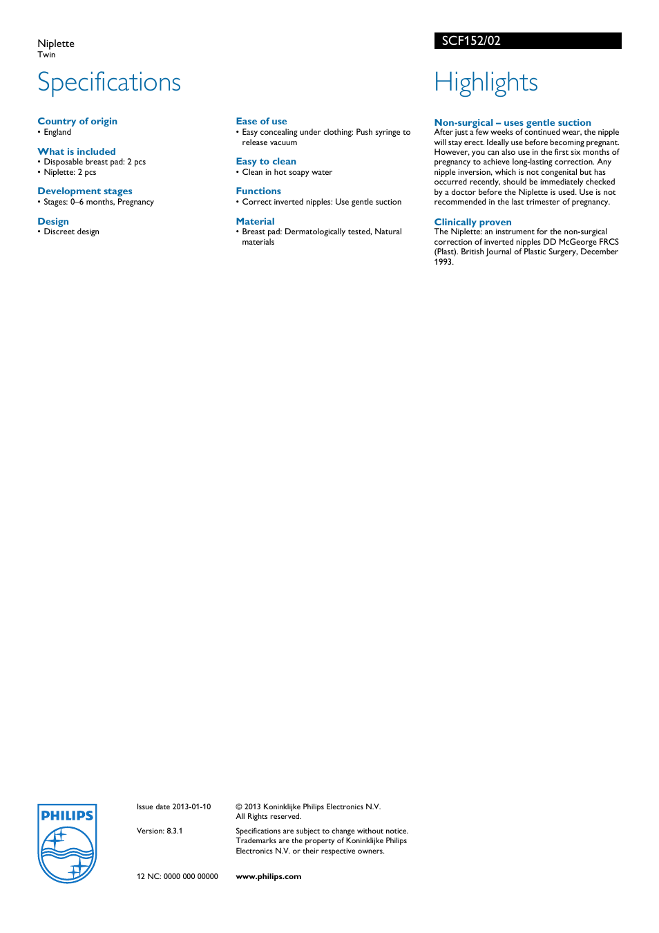 Specifications, Highlights | Philips Niplette SCF152/02 User Manual | Page 2 / 2