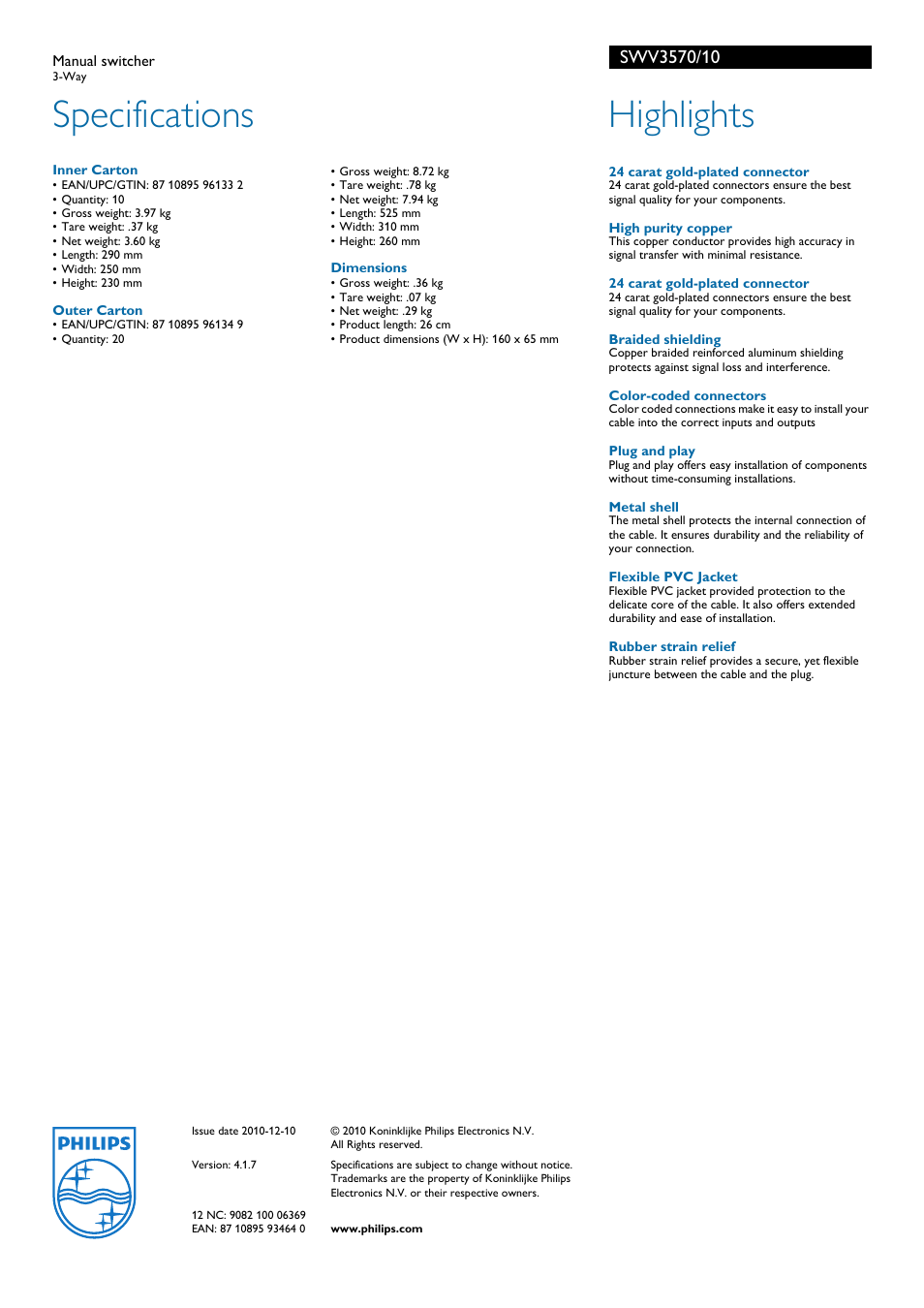 Specifications, Highlights | Philips SWV3570 User Manual | Page 2 / 2