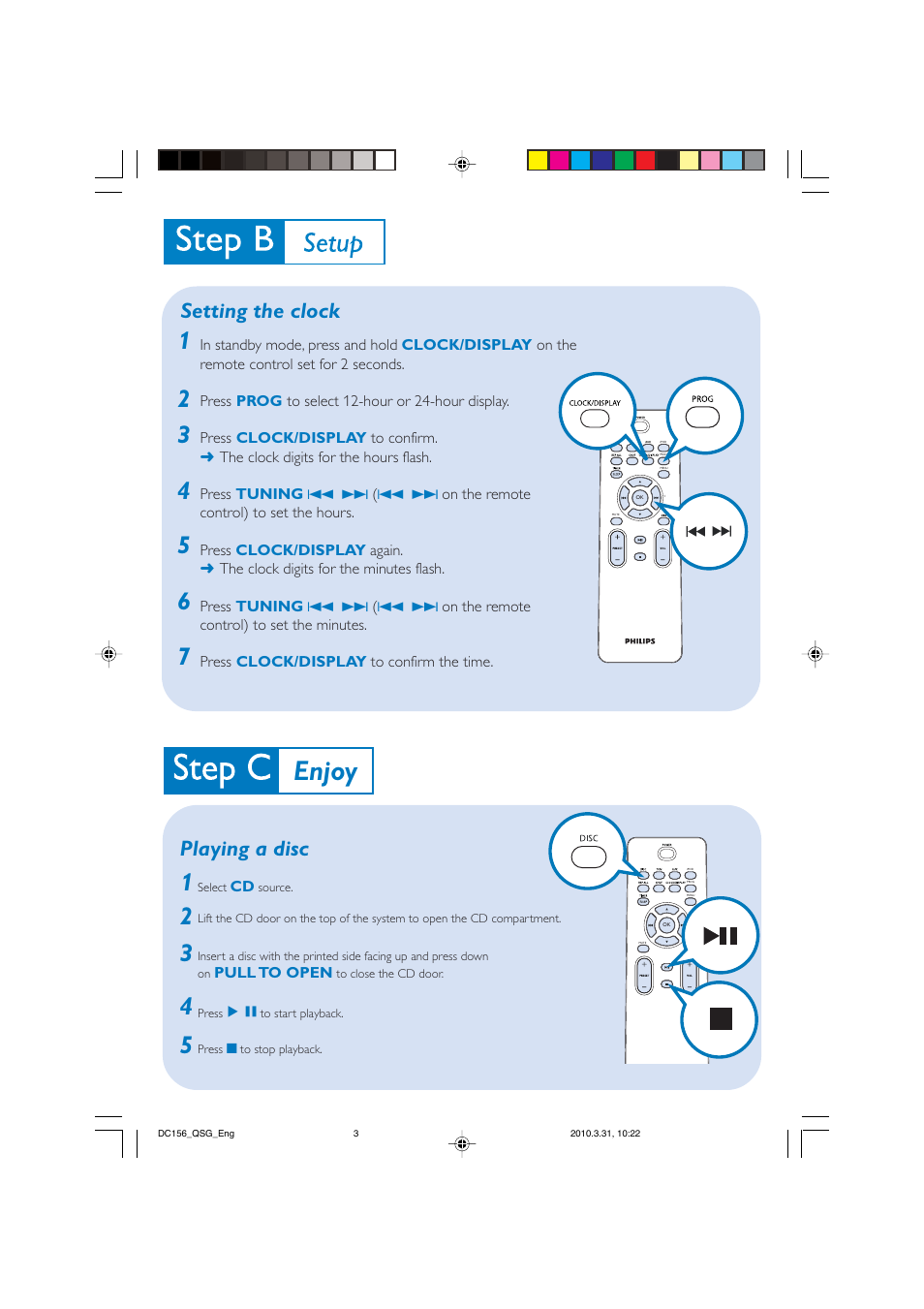 Enjoy, Setting the clock, Playing a disc | Philips DC156/37B User Manual | Page 3 / 4