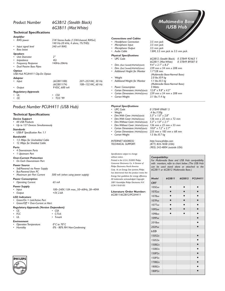 Multimedia base /usb hub multimedia base /usb hub, Product number pcuh411 (usb hub) | Philips PCUH411 User Manual | Page 2 / 2