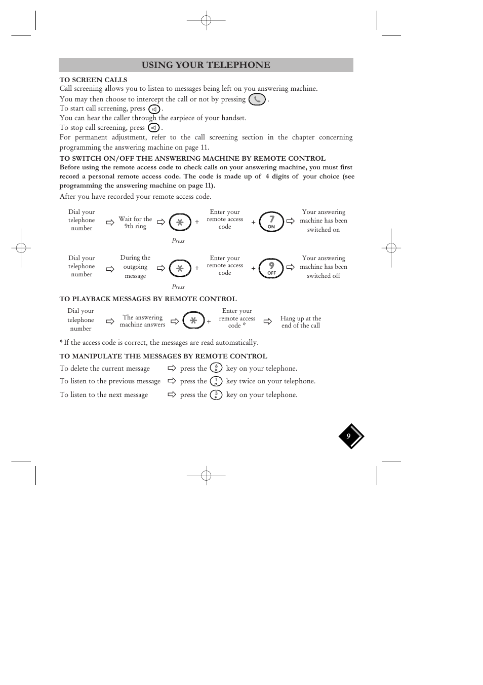 To screen calls, To playback messages by remote control, To manipulate the messages by remote control | Using your telephone | Philips VOIP 080 User Manual | Page 10 / 15