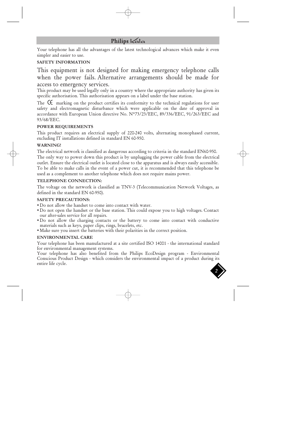 Information, Safety information, Power requirements | Warning, Telephone connection, Safety precautions, Environmental care | Philips VOIP 080 User Manual | Page 3 / 15