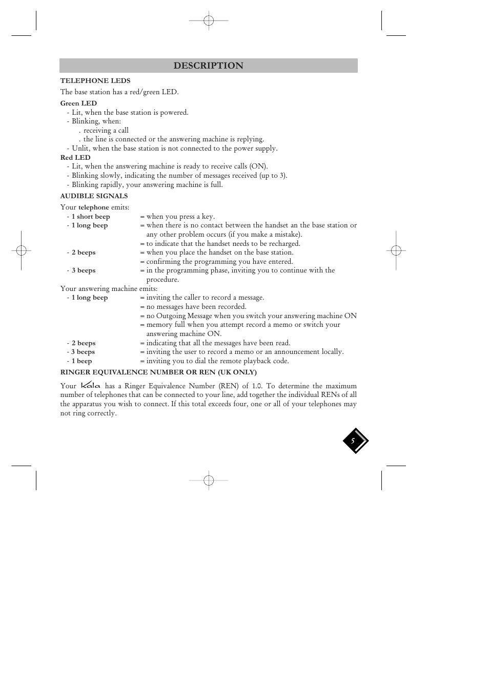Telephone leds, Audible signals, Ringer equivalence number or ren | Description | Philips VOIP 080 User Manual | Page 6 / 15