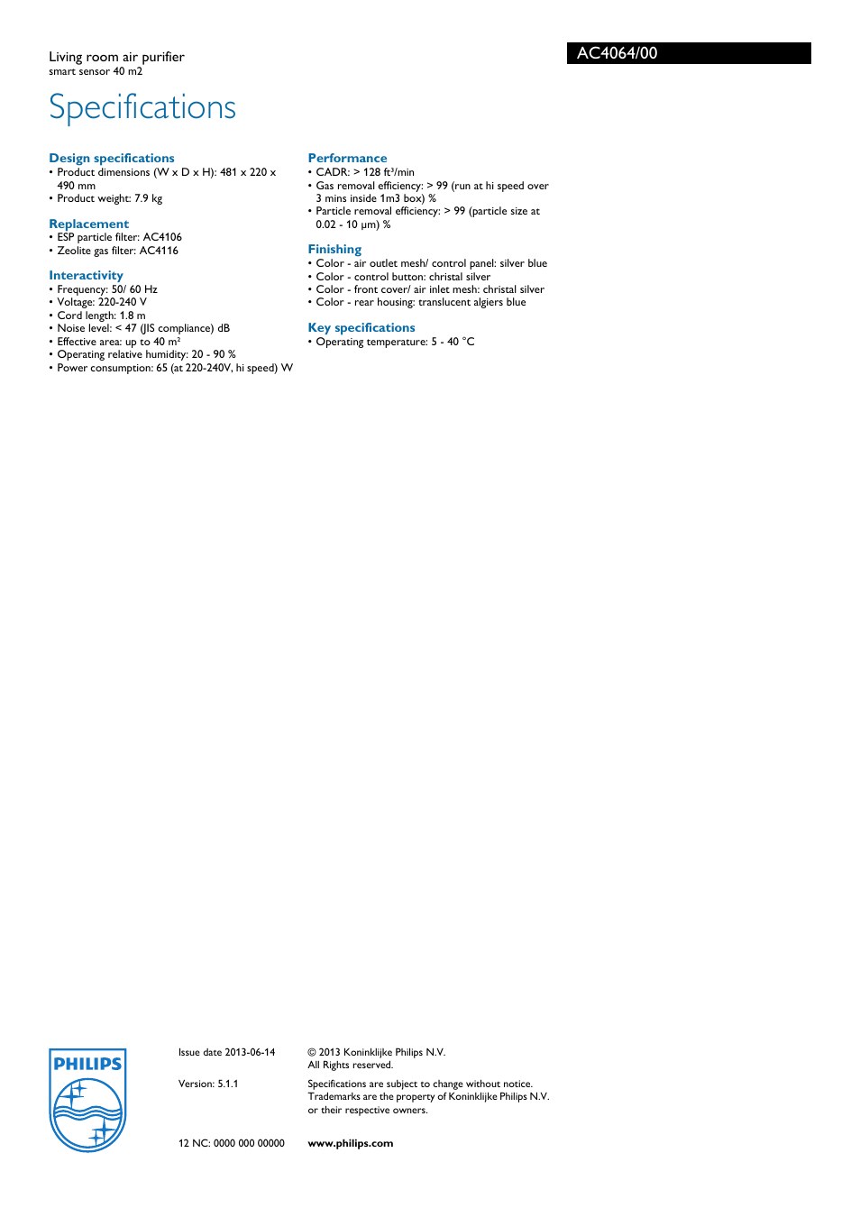 Specifications | Philips AC4064/00 User Manual | Page 3 / 3