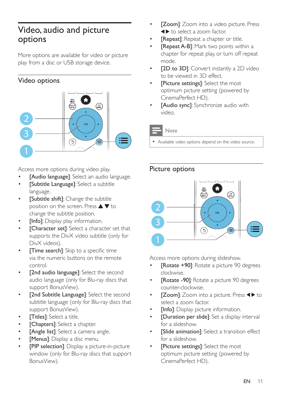 Video, audio and picture options | Philips BDP7700 User Manual | Page 11 / 30