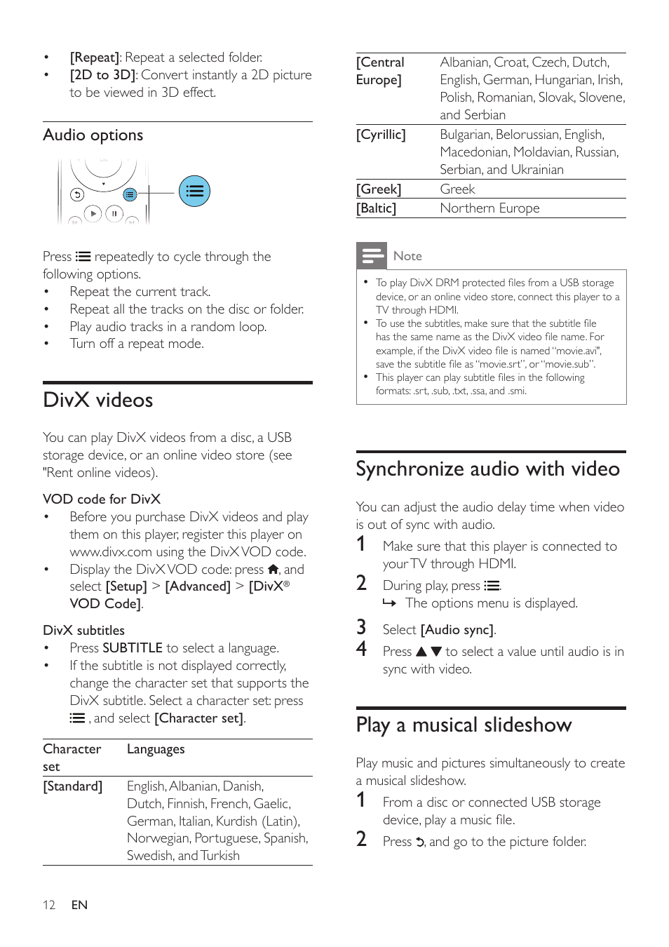 Divx videos, Synchronize audio with video, Play a musical slideshow | Philips BDP7700 User Manual | Page 12 / 30