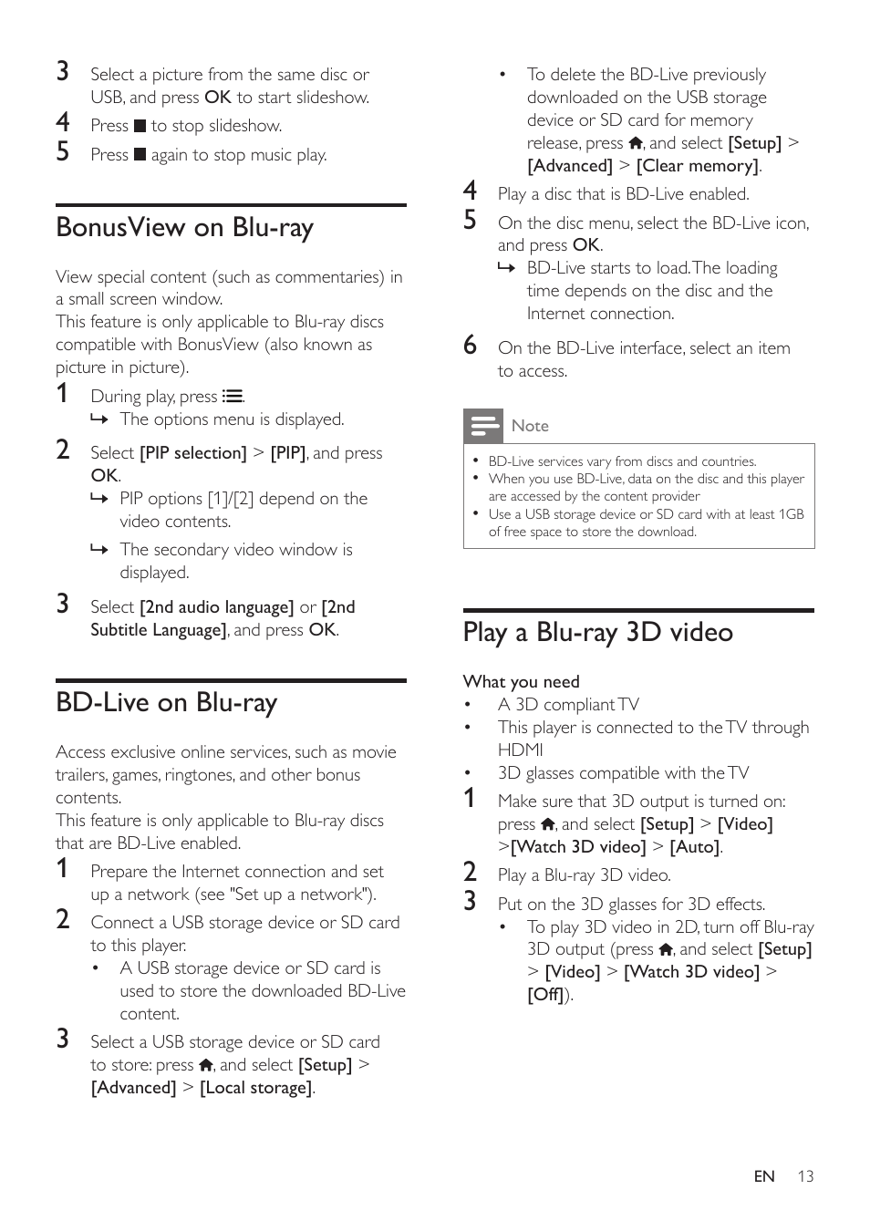 Bonusview on blu-ray, Bd-live on blu-ray, Play a blu-ray 3d video | Philips BDP7700 User Manual | Page 13 / 30