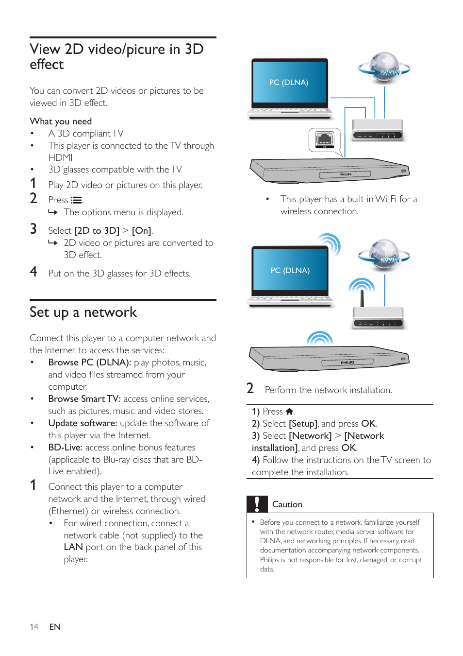 View 2d video/picure in 3d effect, Set up a network | Philips BDP7700 User Manual | Page 14 / 30