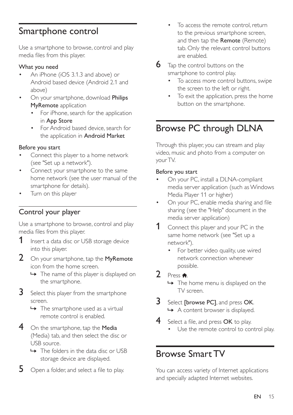 Smartphone control, Browse pc through dlna, Browse smart tv | Philips BDP7700 User Manual | Page 15 / 30