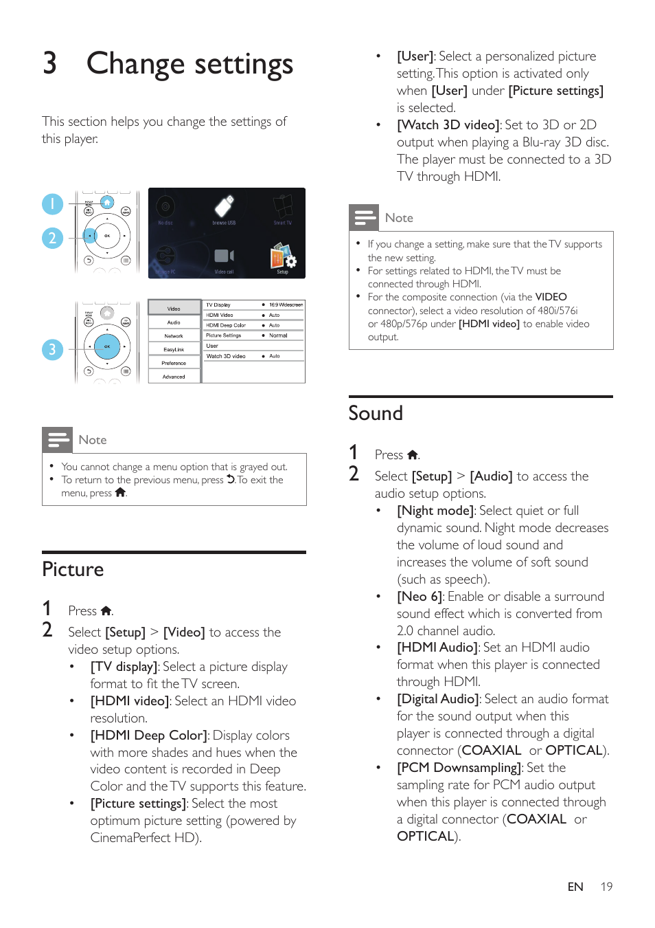 3 change settings, Picture, Sound | Picture 1, Sound 1 | Philips BDP7700 User Manual | Page 19 / 30