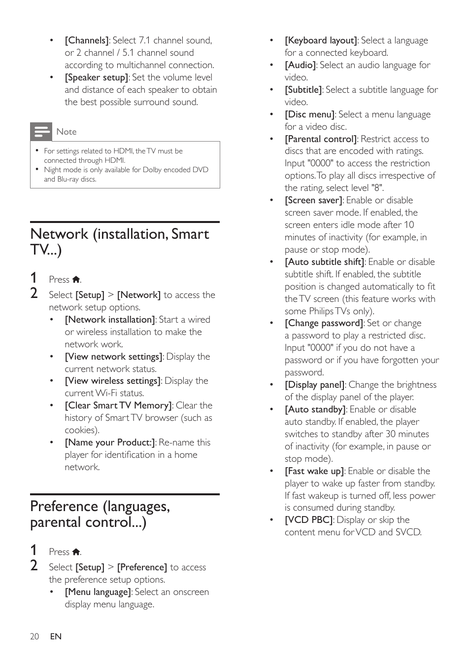 Network (installation, smart tv...), Preference (languages, parental, Control...) | Network (installation, smart tv...) 1, Preference (languages, parental control...) 1 | Philips BDP7700 User Manual | Page 20 / 30