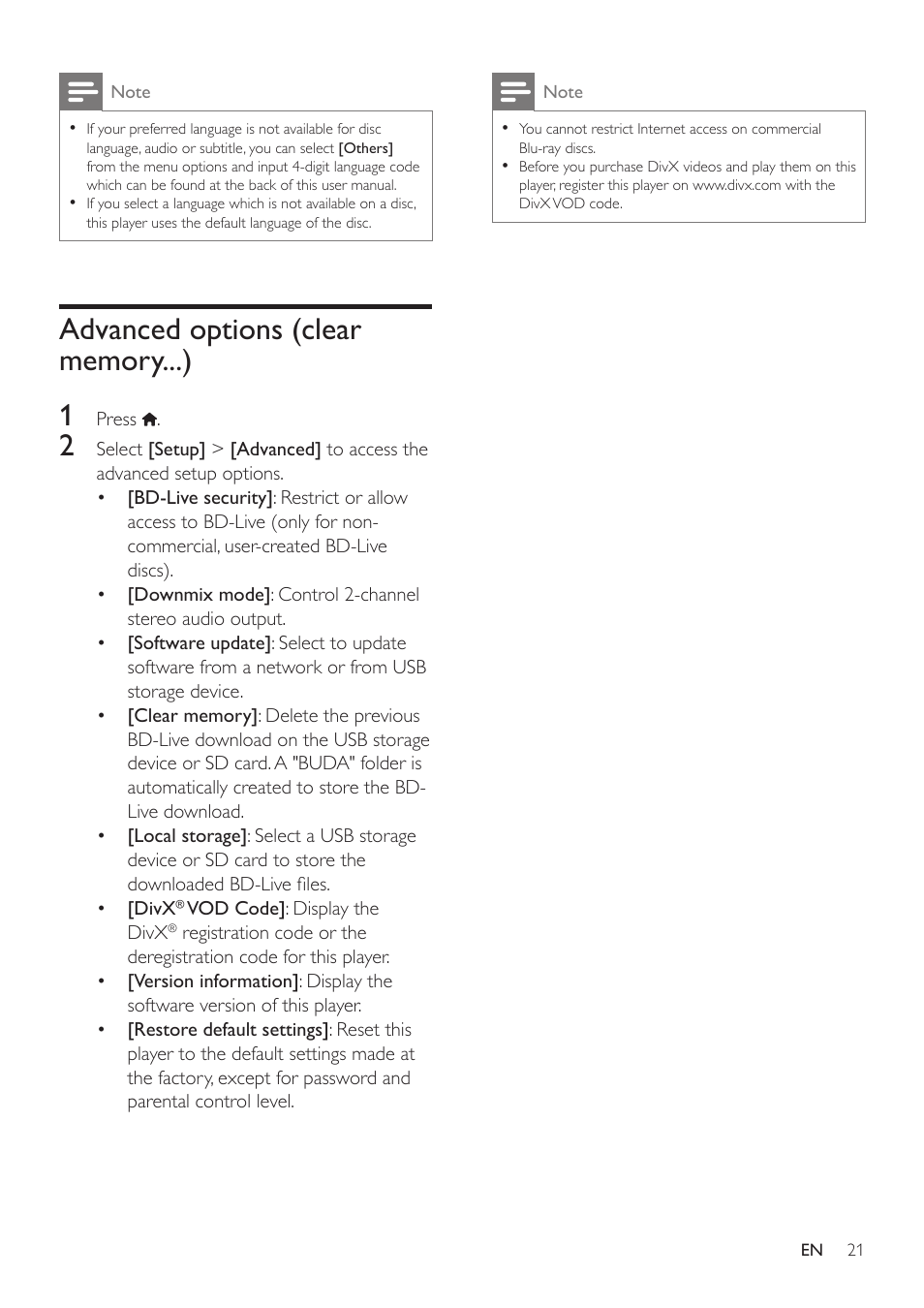 Advanced options (clear memory...) | Philips BDP7700 User Manual | Page 21 / 30