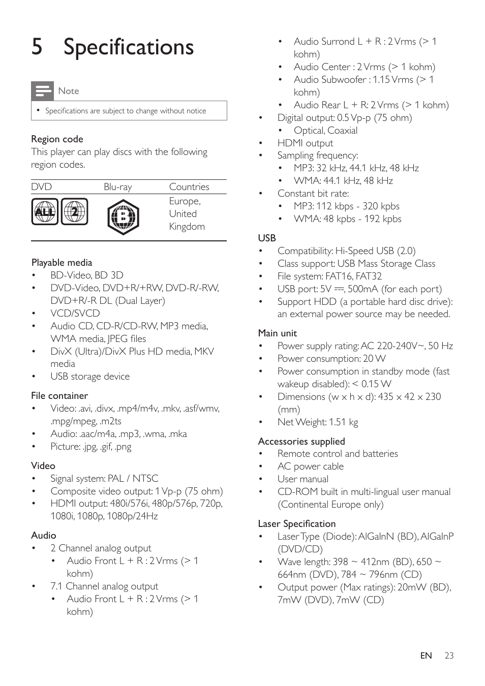 5 specifications | Philips BDP7700 User Manual | Page 23 / 30