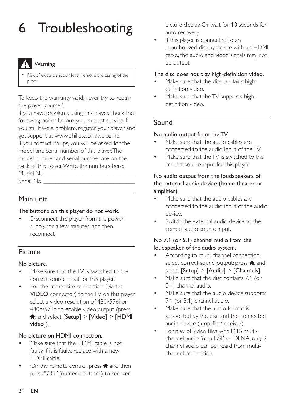 6 troubleshooting, Main unit, Picture | Sound | Philips BDP7700 User Manual | Page 24 / 30