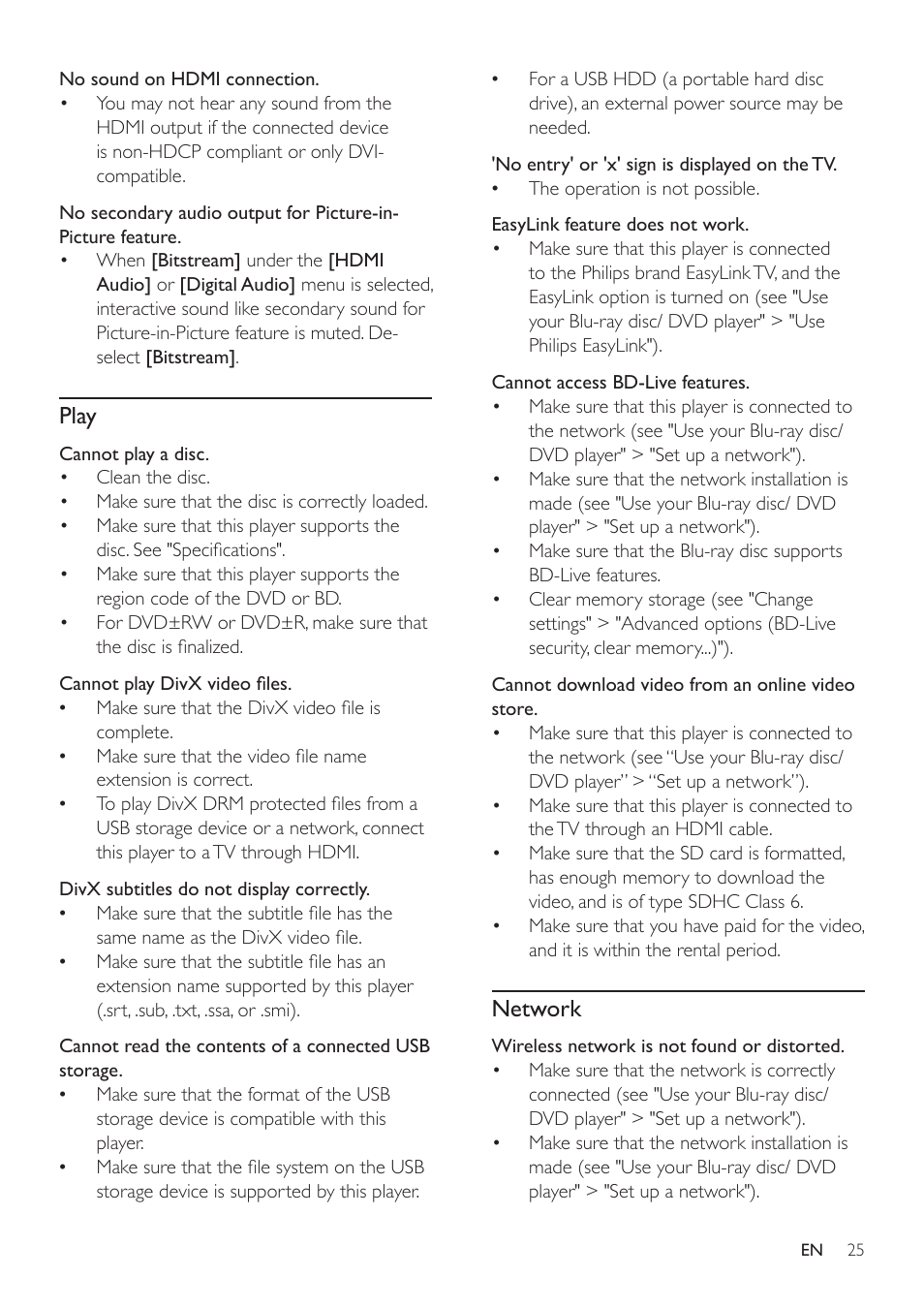 Play, Network | Philips BDP7700 User Manual | Page 25 / 30