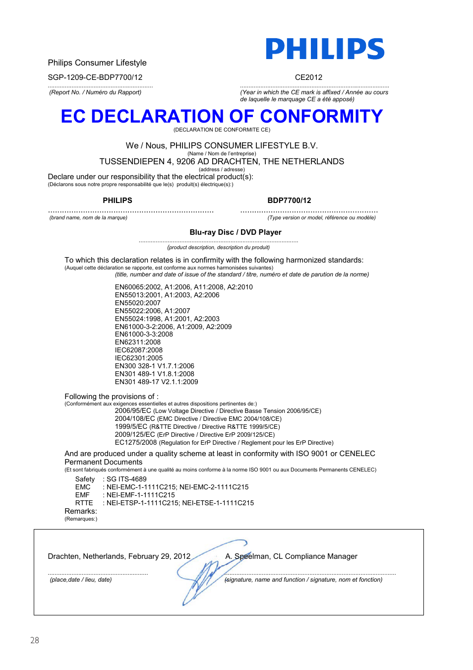 Ec declaration of conformity | Philips BDP7700 User Manual | Page 28 / 30