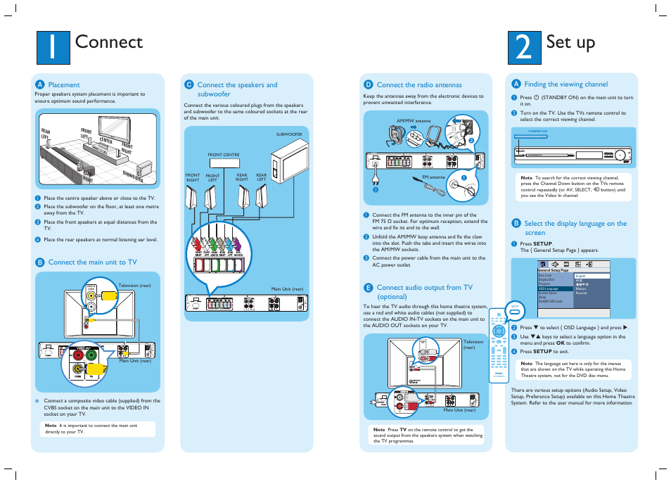 Connect, Set up, Speakers am/ mw | Video in (cvbs), Speakers am/ mw audio out audio in, Audio out | Philips HTS3152 User Manual | Page 2 / 2