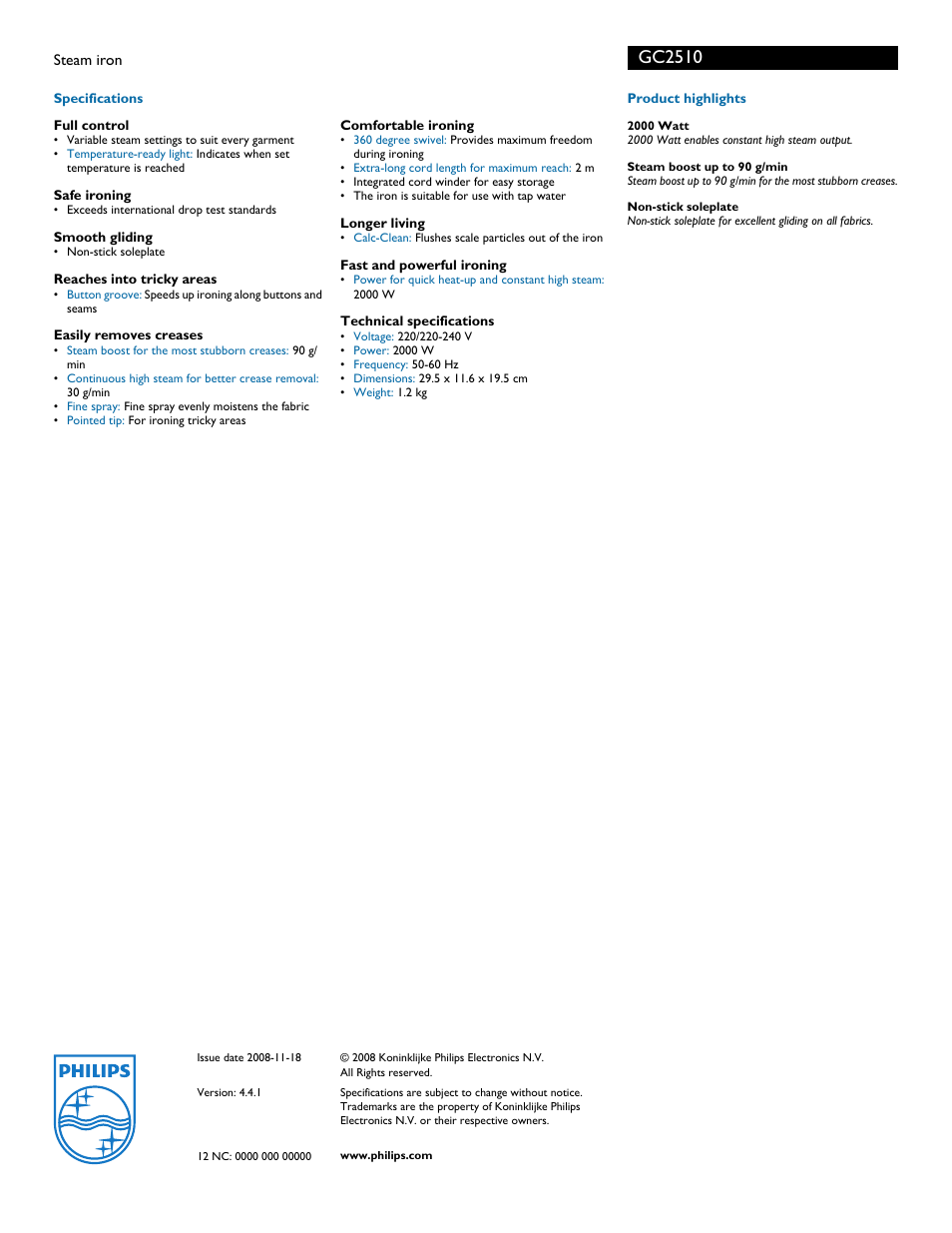 Gc2510 | Philips GC2510 User Manual | Page 2 / 2