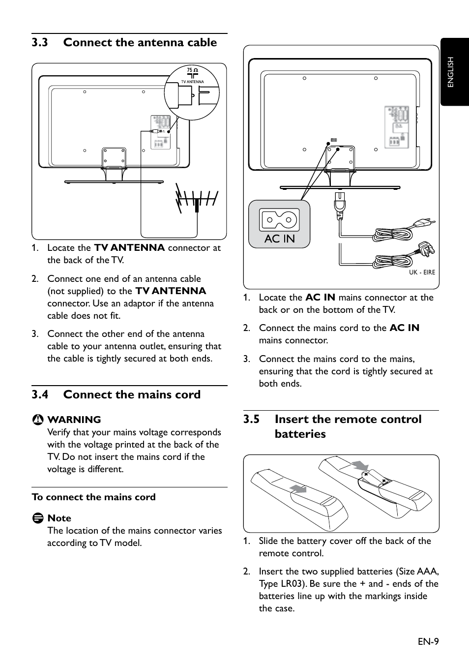 3 connect the antenna cable, 4 connect the mains cord, 5 insert the remote control batteries | 3�3 connect the antenna cable, 3�4 connect the mains cord, 3�5 insert the remote control batteries | Philips Remote Starter User Manual | Page 11 / 56