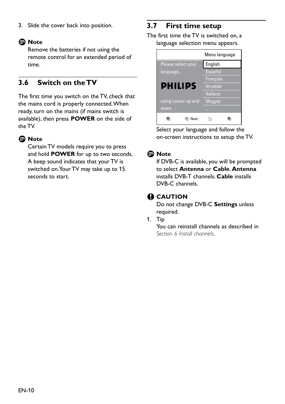 6 switch on the tv, 7 first time setup, 6 switch on the tv 3.7 first time setup | 3�6 switch on the tv, 3�7 first time setup | Philips Remote Starter User Manual | Page 12 / 56