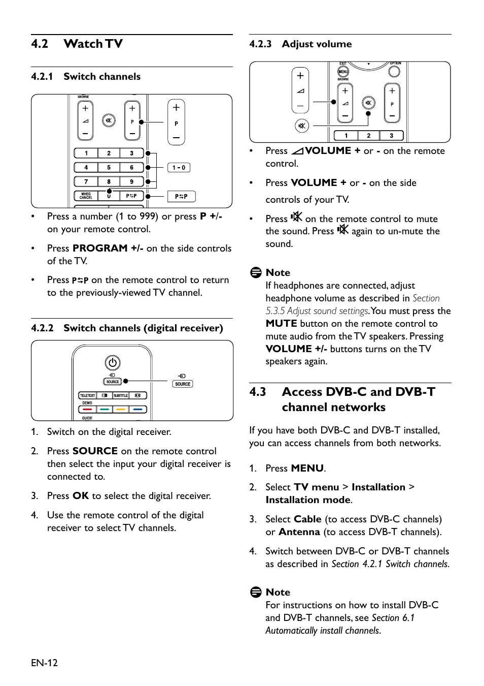 2 watch tv, 3 access dvb-c and dvb-t channel networks, 2 watch tv 4.3 access dvb-c and dvb-t channel | Networks, 4�2 watch tv, 4�3 access dvb-c and dvb-t channel networks | Philips Remote Starter User Manual | Page 14 / 56