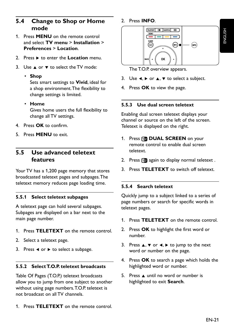 4 change to shop or home mode, 5 use advanced teletext features, 5�4 change to shop or home mode | 5�5 use advanced teletext features | Philips Remote Starter User Manual | Page 23 / 56