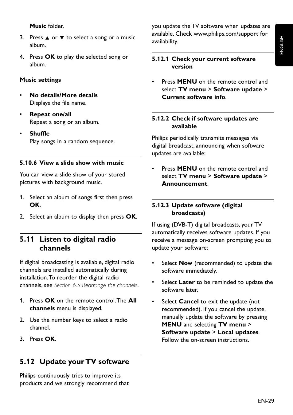 11 listen to digital radio channels, 12 update your tv software, 11 listen to digital radio channels | 12 update your tv software, 5�11 listen to digital radio channels, 5�12 update your tv software | Philips Remote Starter User Manual | Page 31 / 56