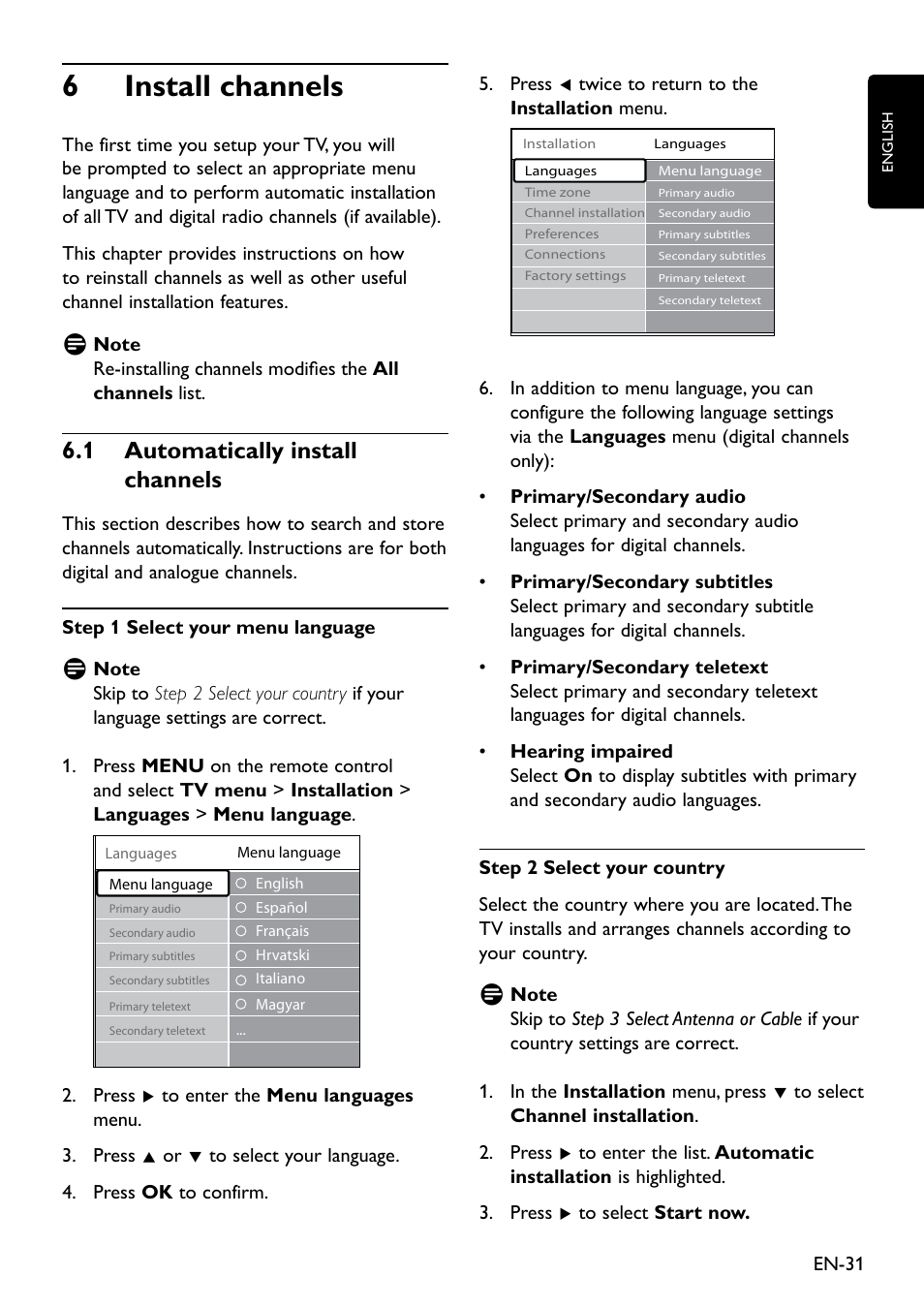 6 install channels, 1 automatically install channels, 1 automatically install channels | 6�1 automatically install channels | Philips Remote Starter User Manual | Page 33 / 56