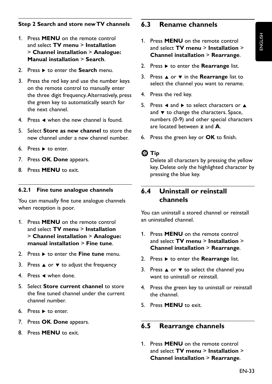 3 rename channels, 4 uninstall or reinstall channels, 5 rearrange channels | 6�3 rename channels, 6�4 uninstall or reinstall channels, 6�5 rearrange channels | Philips Remote Starter User Manual | Page 35 / 56