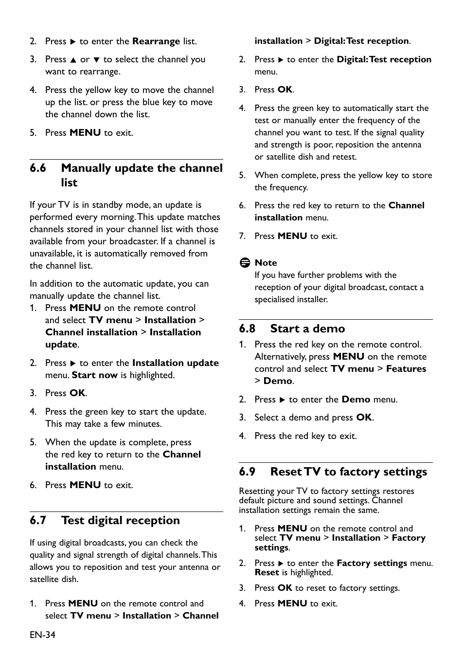 6 manually update the channel list, 7 test digital reception, 8 start a demo | 9 reset tv to factory settings, 6�8 start a demo, 6�9 reset tv to factory settings, 6�6 manually update the channel list, 6�7 test digital reception | Philips Remote Starter User Manual | Page 36 / 56