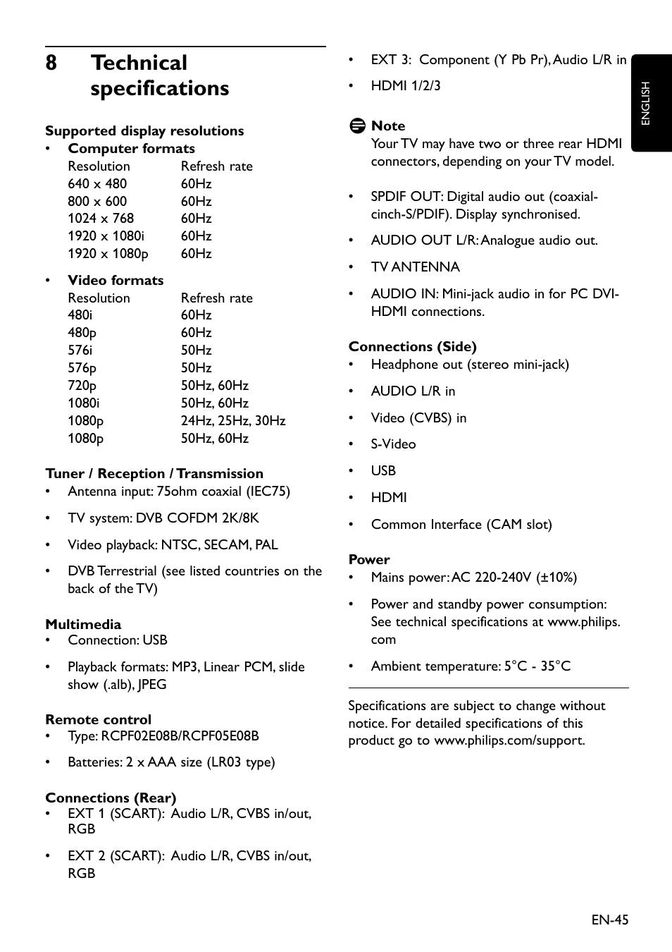 8 technical specifications, 8 technical specifications� � � � � � � � � � 45 | Philips Remote Starter User Manual | Page 47 / 56